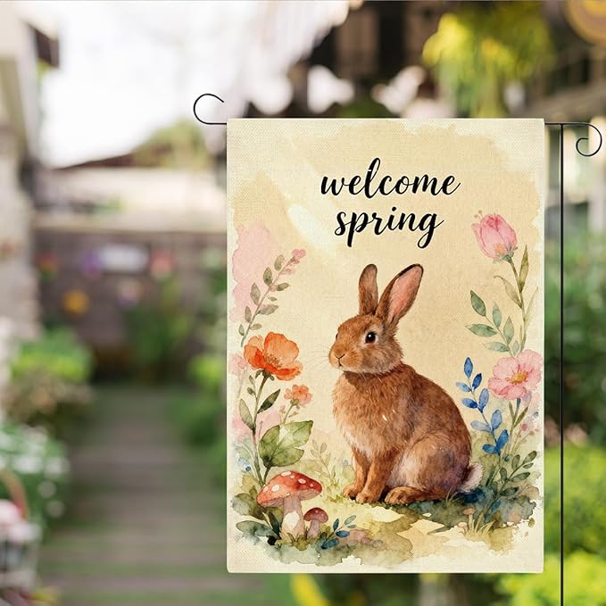Hello Spring Bunny Easter Garden Flag Oil Painting Rabbit Boho Easter Garden Flag Decor Spring Double Sided House Flag for Outside Yard Decorations 12×18 Inch