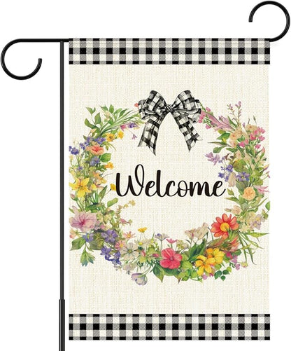 Welcome Spring Garden Flag for Outside,Floral Wreath Spring Garden Flag Yard Lawn Porch Flags for Outdoor Decorations 12x18 Inch Double Sided