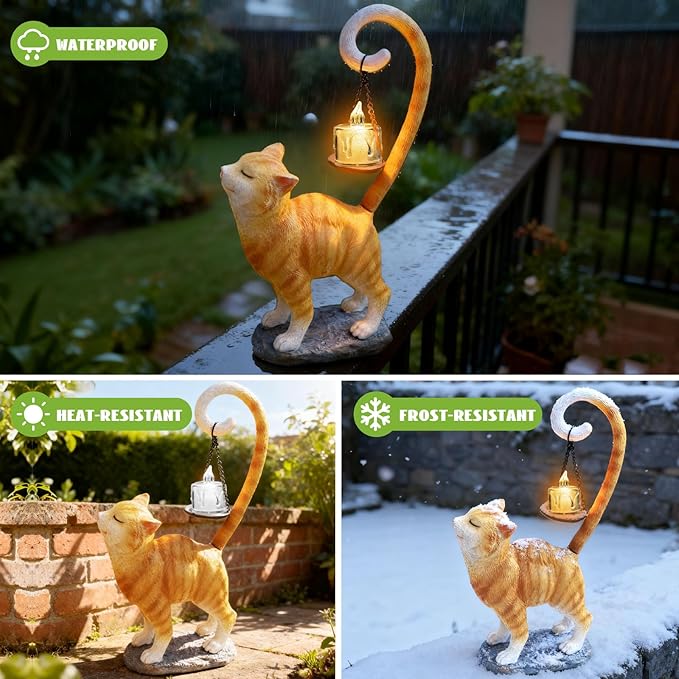 Standing Cat Garden Statue Candle Holder for Outdoor Garden Patio and Indoor Decor for Cat Lovers Women and Home Ambiance Orange