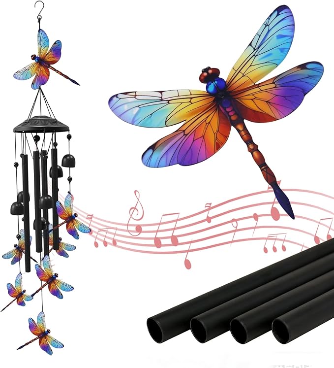 AVEKI Metal Dragonfly Wind Chimes for Outside, Gifts for Women Mother's Day Birthday Christmas, Black Wind Chime with 7 Dragonflies, Outdoor Windchimes Decor for Garden Patio (Dragonfly)