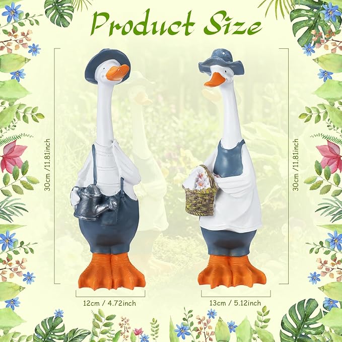Novabright 2 Pcs Porch Goose Statue, Couple Duck Garden Statues Outdoor, 11 Inch Weather Resistant Resin Yard Decor for Patio Lawn Front Porch Indoor Outdoor Figurines Housewarming Gift