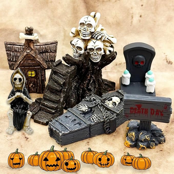 Suartus Halloween Miniature Figurines - 18Pcs Resin Ghost Tombstones Skull Heads Scene Ornaments Halloween Garden Accessories Mini Figurine Decorations for Outdoor Statues Home Village Crafts Decor