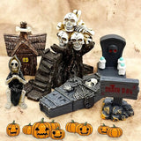 Suartus Halloween Miniature Figurines - 18Pcs Resin Ghost Tombstones Skull Heads Scene Ornaments Halloween Garden Accessories Mini Figurine Decorations for Outdoor Statues Home Village Crafts Decor