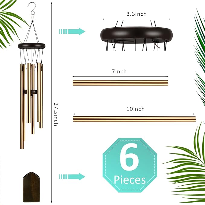 Yahenda 6 Pieces Rustic Wind Chimes 28 Inch Deep Tone Wind Chimes with 6 Aluminum Tubes Memorial Outdoors Soothing Melody for Farmhouse Garden Patio Home Decor(Bronze)