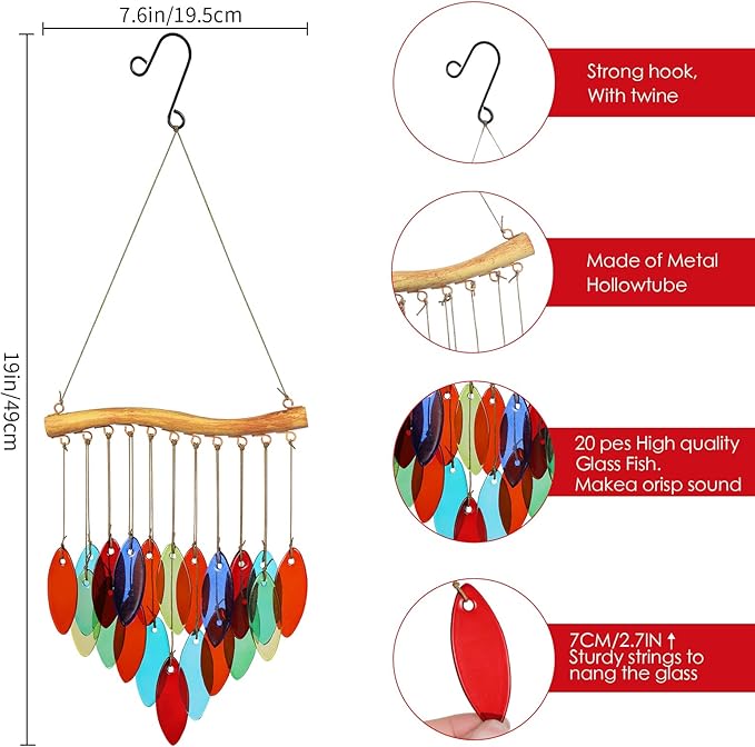 Color Leave Glass Wind Chimes for Outside, Fall Leaves Windcmes Outdoors Unique Suncatcher, Small Sea Glass Art Wind Chimes Outdoor Gifts for Women, Hanging Outdoor Garden Christmas Decoration Gift