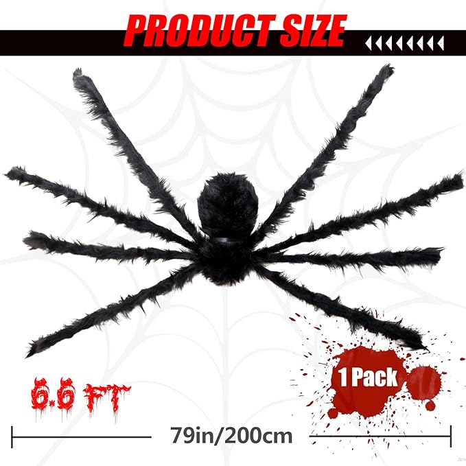 6.6FT Halloween Giant Spider Decorations, Scary Large Spiders Outside Realistic Fake Hairy Spider Props for Halloween Decorations Indoor and Outdoor Yard Party Garden Lawn Creepy Decor (1 Pack)