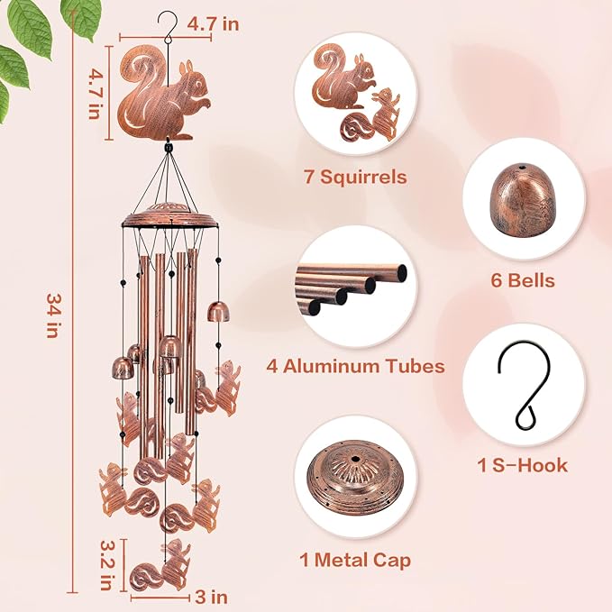 for Mom Squirrel Wind Chimes for Outside,Squirrel Gifts for Women Men/Memorial Gift/Birthday Gifts Metal windchimes Outdoors/Indoors,Garden Decor,Patio,Home,Porch,Yard Decorations