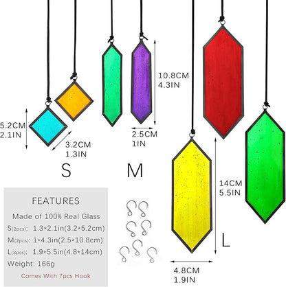 HDCRYSTALGIFTS Set 7 Sun Catchers Stained Glass Decor Gift,Stained Glass Window Hanging Suncatchers with Hooks Rainbow Maker Home Garden Glass Ornaments for Christmas Tree