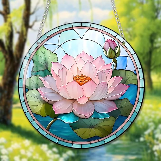 Lotus Stained Window Hangings with Chain – Acrylic Lotus Leaf Flowers Ornament for Garden, Patio and Indoor Decor, Housewarming Gift for Mom, Grandma and Plants Lovers