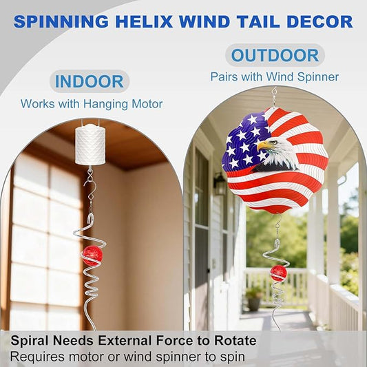 Gazing Ball Spiral Tail Spinfinity Wind Spinner, 13 Inch Stainless Steel with Hanging 360° Swivel Hook, Red Crystal Glass Orb Captivating Visual Illusion Spinning for Garden Yard Patio Decor Gift