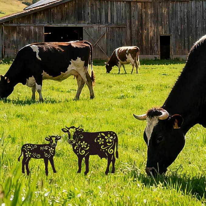 WADORN Cow Metal Outdoor Statues Silhouette, Funny Cow Metal Decorative Garden Stakes Cow Flower Silhouette Ornament Gifts Funny Outdoor Decor for Garden Backyard Patio Lawn Walkways Outdoor