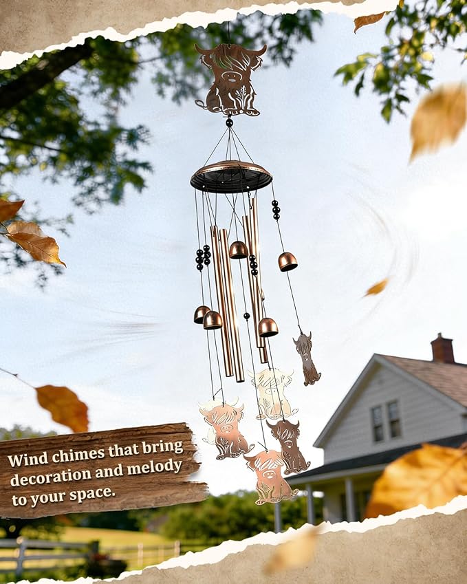 Highland Cow Wind Chimes Outdoor Decor Highland Cow Birthday Gifts for Women Mom Sister 34 Inch Metal Windchimes for Outside Porch, Garden, Yard Decoration