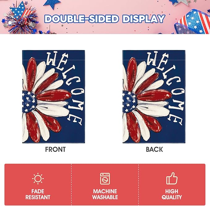 AVOIN colorlife Patriotic 4th of July Garden Flag 12x18 Inch Double Sided Outside, Memorial Day Floral Welcome Daisy Yard Outdoor Decoration