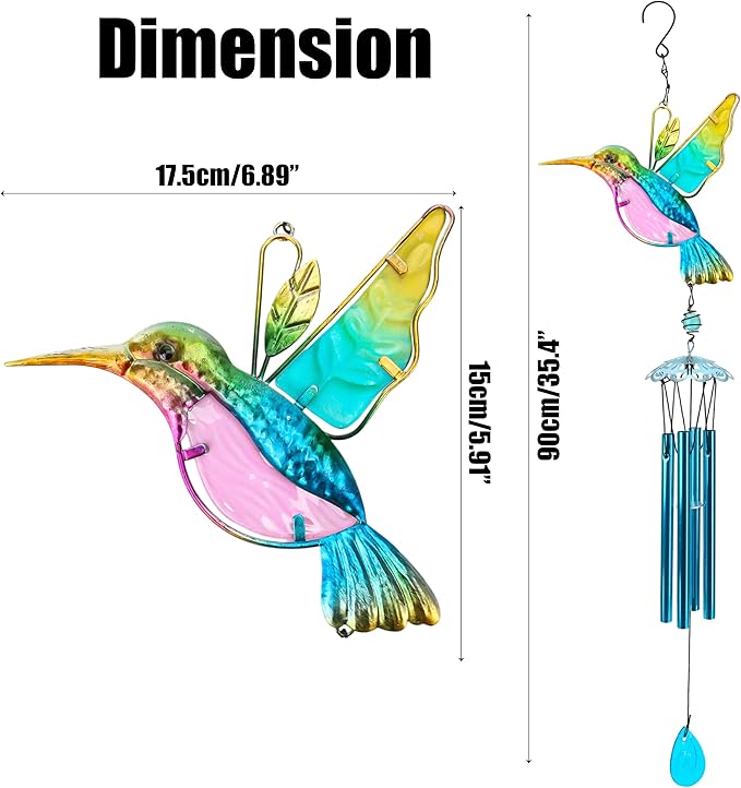 35" Blue Hummingbird Wind Chimes, Indoor Outdoor Glass Painted Mobile Chime for Patio, Balcony, Garden, Yard, or Home Window Decoration, Lifelike Stained Metal Style with Deep Tone Music, Lawn Hanging