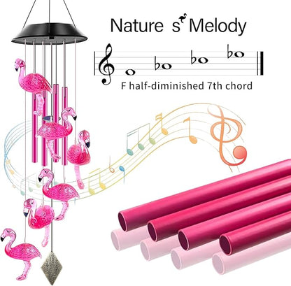 Solar Powered Flamingo Wind Chimes with 4 Music Aluminum Tubes, Flamingo Wind Chimes for Outside,Best Gifts for Mom Grandma Women Wife Aunt Sister, Unique Mobile Wind Chime, Garden Yard Decor
