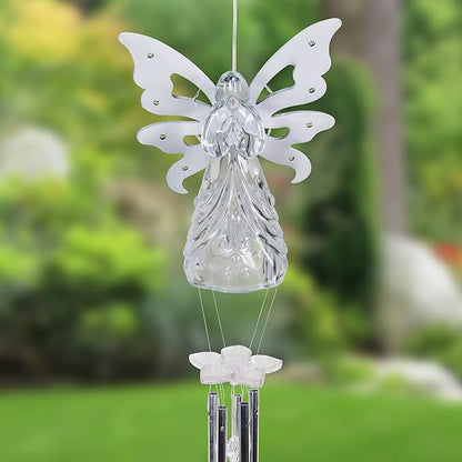Exhart Wind Chimes, Solar Angel Wind Chime with Metal Wings, 13 LED Firefly Lights, White Acrylic Large Lawn and Yard Decoration, 6.5 x 4 x 42 Inch