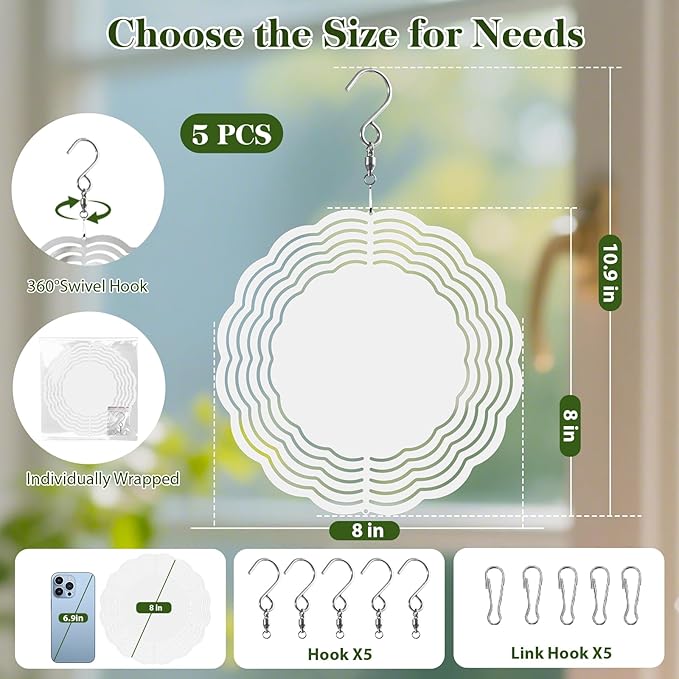5 Pack Sublimation Wind Spinner Blanks, 8 Inch Double-sided Sublimation Metal Blanks Bulk for Transfer DIY, Aluminum 3D Wind Spinner for Indoor Outdoor Porch Garden Yard Window Hanging Decor
