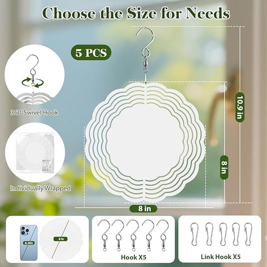 5 Pack Sublimation Wind Spinner Blanks, 8 Inch Double-sided Sublimation Metal Blanks Bulk for Transfer DIY, Aluminum 3D Wind Spinner for Indoor Outdoor Porch Garden Yard Window Hanging Decor
