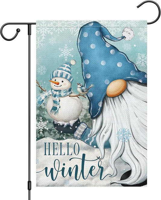 Heyfibro Hello Winter Gnome Garden Flag 12x18 Inch Double Sided Burlap Snowman Snowflakes Yard Banner for Christmas Seasonal Outside Outdoor House Decoration (ONLY FLAG)