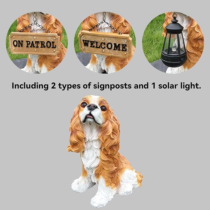 Cavalier King Charles Spaniel Dog Garden Statue with Solar Lantern, Lifelike Outdoor Puppy Sculpture with Interchangeable Welcome & On Patrol Sign, Resin Yard Art Decor for Patio Lawn Porch