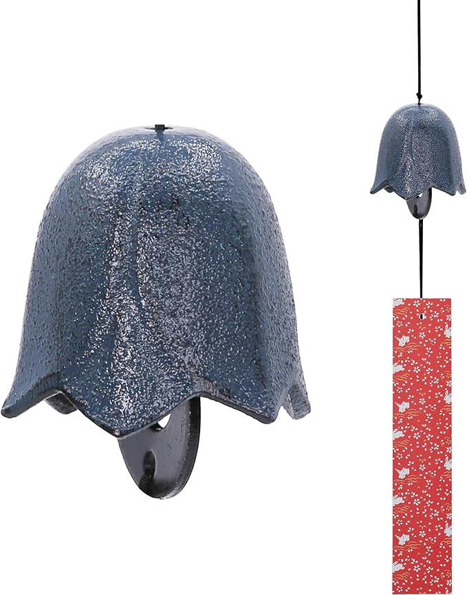 Japanese Wind Chime Cast-Iron Outdoor Ornament for Garden, Patio & Balcony, Hanging Metal Wind-Bell Decoration Gift, Blessing Pendant Windchimes & PVC Wind-Catcher, Tulip-Blue