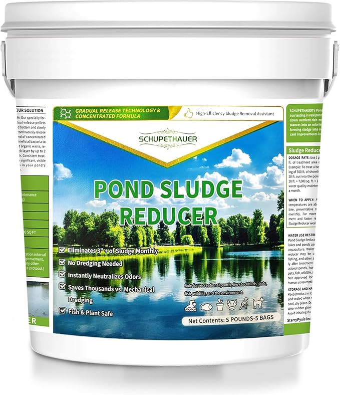 Muck Reducer, 5 LB Natural Sludge Solution Pellets for Ponds, Lakes, Powerful Away Muck and Odor Control, Treats Up to 35,000 Sq Ft, Natural Safe for Fish, Birds, Pet, Wildlife