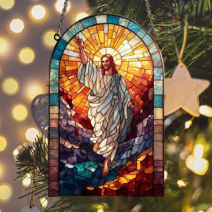 Radiant Mosaic Jesus Christ Acrylic Suncatcher Stained Glass Effect Window Car Hanging Christmas Ornament Indoor Outdoor Decor Garden Sun Catcher Panel for Women Mom Grandma