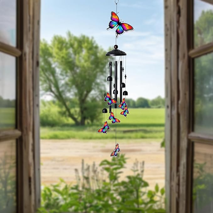 Butterfly Wind Chimes for Outside, Black Metal Acrylic Windchimes Outdoors, Butterfly Gifts for Women Men, Garden Yard Decor, Memorial/Birthday Gifts for Grandma Mom, Durable Chimes for Outdoors