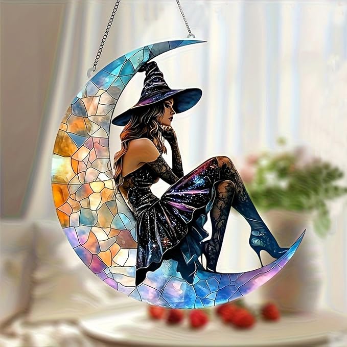 7.8inch Moon Witchs Suncatcher Acrylic Stained Glass Window Hanging Wall Art Ornament Halloween Window Suncatchers Garden Home Indoor Outdoor Decor for Women Friends Party Gift