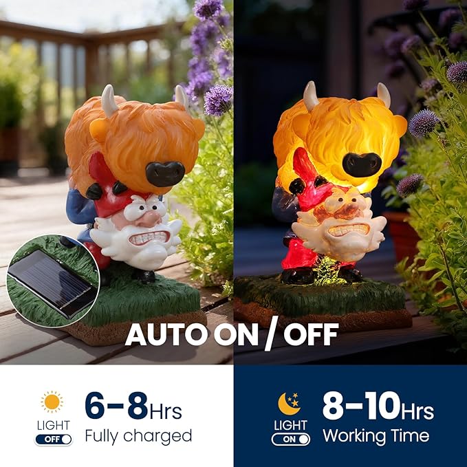 Garden Gnome Statue Highland Cow Gift,Yard Patio Balcony Outdoor Decor Solar Light Figurine, Christmas, Housewarming, Idea Gift for Mom, Neighbor,Gnome Lover