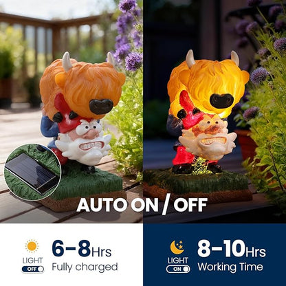 Garden Gnome Statue Highland Cow Gift,Yard Patio Balcony Outdoor Decor Solar Light Figurine, Christmas, Housewarming, Idea Gift for Mom, Neighbor,Gnome Lover