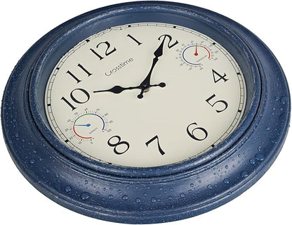 Crosstime 18 Inch Large Outdoor Wall Clock Waterproof with Thermometer & Hygrometer Combo – Vintage Farmhouse Weather Station for Patio, Pool, Garden, Backyard – Blue