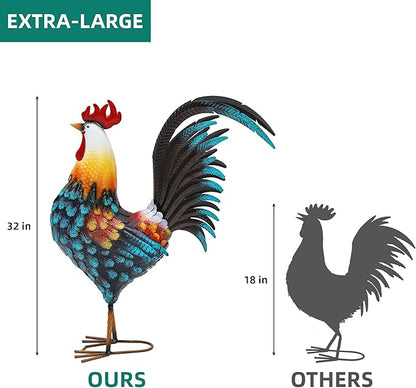 32" Large Metal Rooster Yard Decor, Outdoor Garden Statues, Metal Chicken Sculpture for Backyard Patio Kitchen Living Room Decor