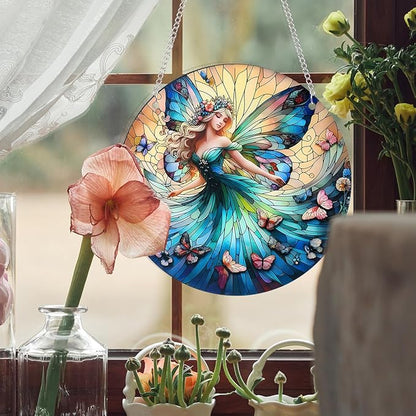 Butterfly Girl Fairy Suncatcher Acrylic Flower Fairy Window Hanging Stained Sun Catchers Indoor Window Decor with Chain Home Garden Decoration 7.8 inch YKA188 (C)