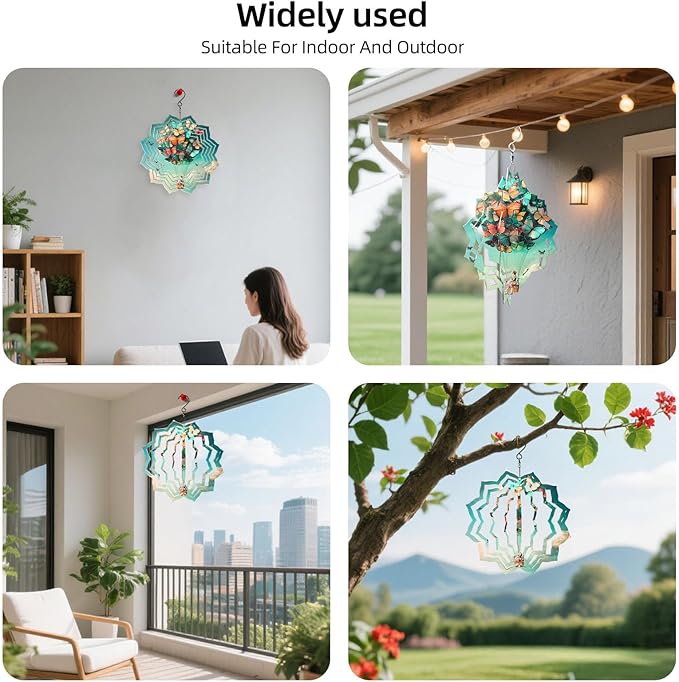 8 Inch Sublimation Wind Spinner, 3D Aluminum Metal Wind Spinner with Hook, Indoor Yard Garden Hanging Decoration, Weather Resistant Rotating Spiral Ornament, Butterfly Hot Air Balloon