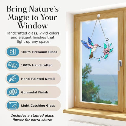 Hummingbird Stained Glass Window Hanging, Humming Bird Style, Sun Catchers Indoor Panel, Nautical Suncatcher Decor for Home, Wall, Garden, Coastal Ornament, Gift for Women and Mom