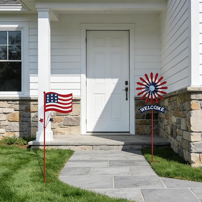 A ANLEOLIFE Decorative Garden Stakes for Outside, Metal Garden Decor Rustic American Flag and Welcome Sign, Yard Stakes Indoor & Outdoor Patio Lawn