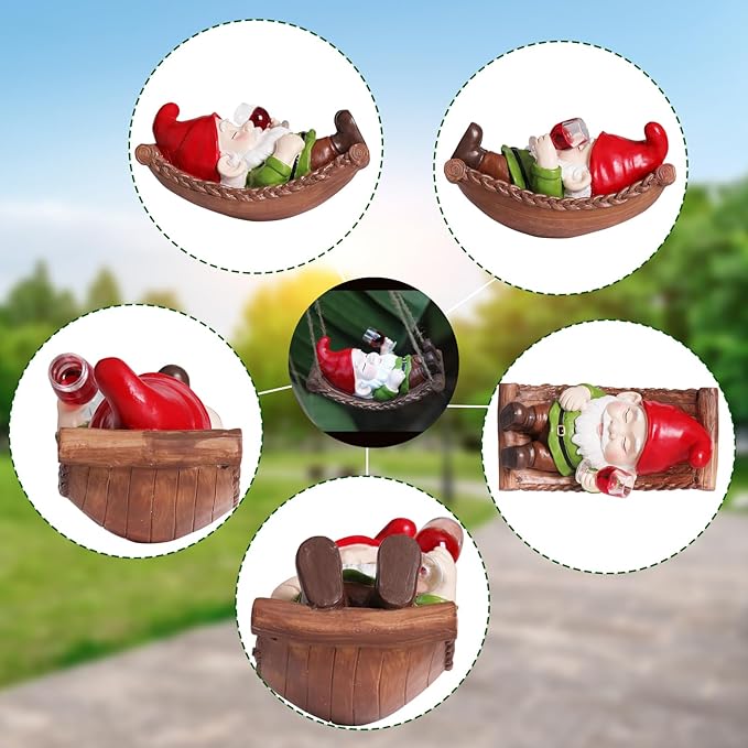 Hanging Garden Gnome Decor - Funny Gnome with Wine Glass on Hammock, Resin Outdoor Statue for Tree, Patio, Yard, Lawn, Balcony, Unique Garden Gifts for Mom, Women, Housewarming, Christmas Decorations