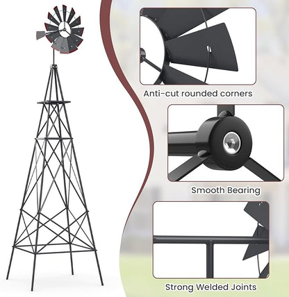 DREAMADE 8ft Steel Windmill, Farmhouse Windmill Decoration with Directional Vane, 4 Anchoring Stakes & Reinforced Base, Weather-Ready Garden Spinner for Backyard, Garden, Patios, Rural Areas (Grey)
