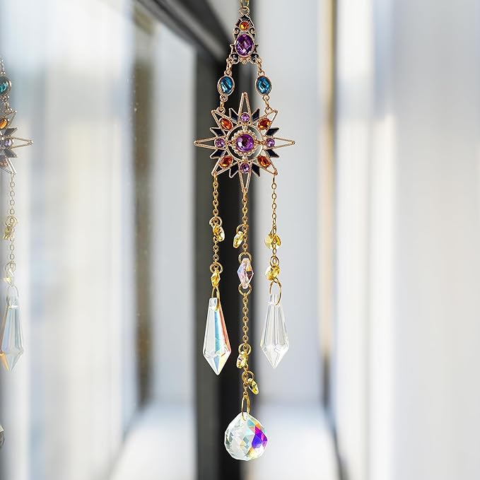 Hanging Sun Catchers with Crystals, Glass Icicle Prisms Rhinestones Suncatcher, Rainbow Maker Pendant Indoor Window Home Car Decor Gift