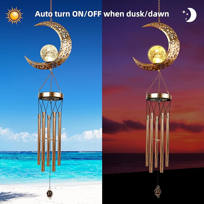 DesGully Solar Wind Chimes, Sun Wind Chime Outdoor Clearance w/Glowing Crackle Glass LED Unique Wind Bells for Outside Waterproof Chimes, Gifts for Her/Him (42" Long Metal Chimes)…