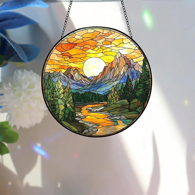 Bimkole Scenery Stained Glass Suncatcher Window Hanging - Rivers Indoor Window or Doorway Decoration - Handmade Sun Catcher Decor for Garden Home Christmas & Birthday Gifts 7.87x7.87 inch