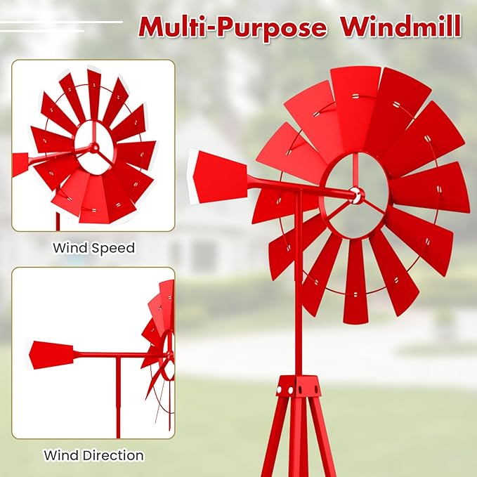 DREAMADE 8ft Steel Windmill, Farmhouse Windmill Decoration with Directional Vane, 4 Anchoring Stakes & Reinforced Base, Weather-Ready Garden Spinner for Backyard, Garden, Patios, Rural Areas (Red)