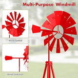 DREAMADE 8ft Steel Windmill, Farmhouse Windmill Decoration with Directional Vane, 4 Anchoring Stakes & Reinforced Base, Weather-Ready Garden Spinner for Backyard, Garden, Patios, Rural Areas (Red)