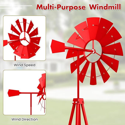 DREAMADE 8ft Steel Windmill, Farmhouse Windmill Decoration with Directional Vane, 4 Anchoring Stakes & Reinforced Base, Weather-Ready Garden Spinner for Backyard, Garden, Patios, Rural Areas (Red)