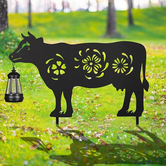 2Pack Solar Outdoor Garden Lights Stakes Solar Metal Flower Cow Lawn Deco Statue Patio, Outdoor Decor, Garden Decorations, Lawn Ornaments