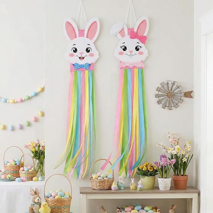 2PCS Easter Windsocks Outdoor Decorations Bunny Spring Hanging Floating Face Wind Socks for Yard Garden Porch Patio Decor
