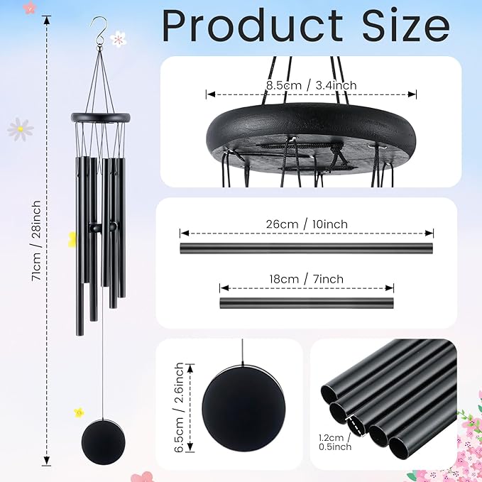 Yahenda 6 Pcs 28 Inch Rustic Wind Chimes for Outside Deep Tone Wind Chimes with 6 Aluminum Tubes Memorial Coolest Windchimes Outdoors for Farmhouse Garden Patio Home Decor (Blackwood, Black)
