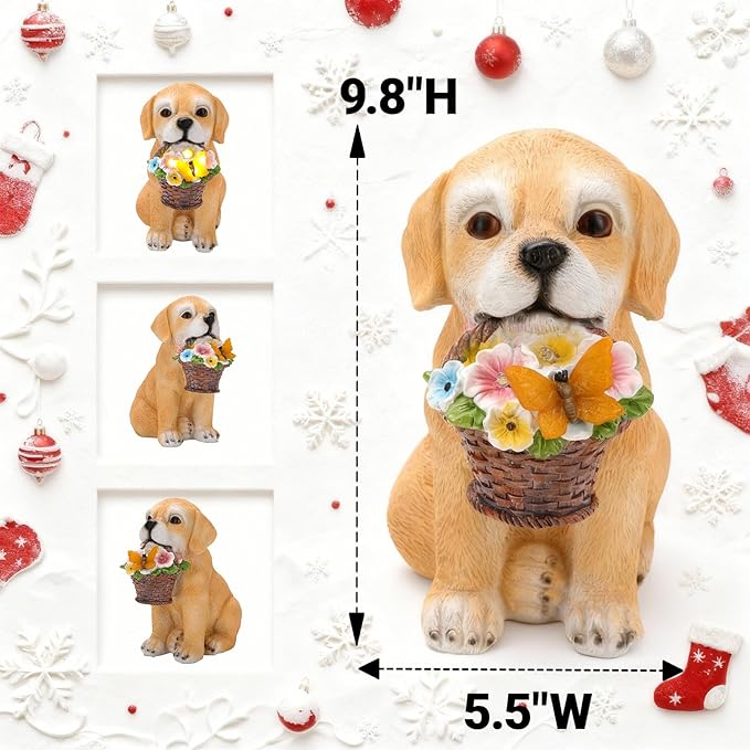 Solar Garden Dog Statue Outdoor Decor – Funny Golden Puppy Figurine with Butterfly & Flower Basket, Resin Yard Porch Patio Ornaments, Unique Christmas Birthday Gifts for Mom Grandma Women