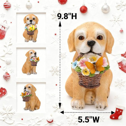 Solar Garden Dog Statue Outdoor Decor – Funny Golden Puppy Figurine with Butterfly & Flower Basket, Resin Yard Porch Patio Ornaments, Unique Christmas Birthday Gifts for Mom Grandma Women